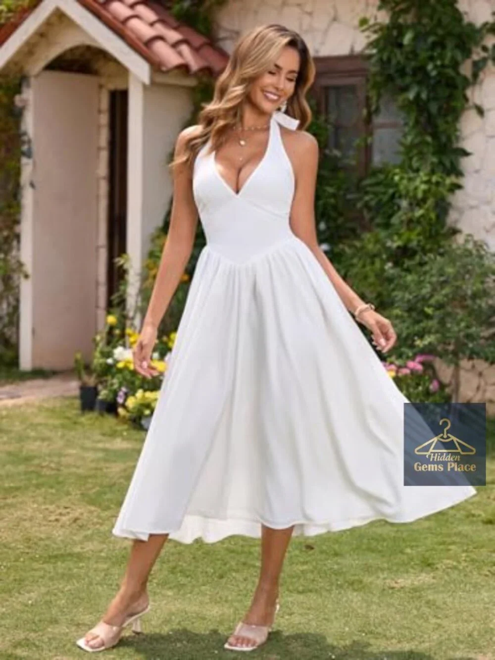 Women's Gingham Halter Corset Midi Dress Summer Floral V Neck Smocked Sundress